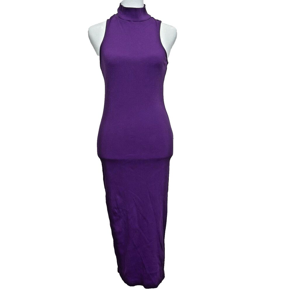 Forever 21 Purple Ribbed Knit Bodycon Midi Dress Mock Neck Large Sleeveless